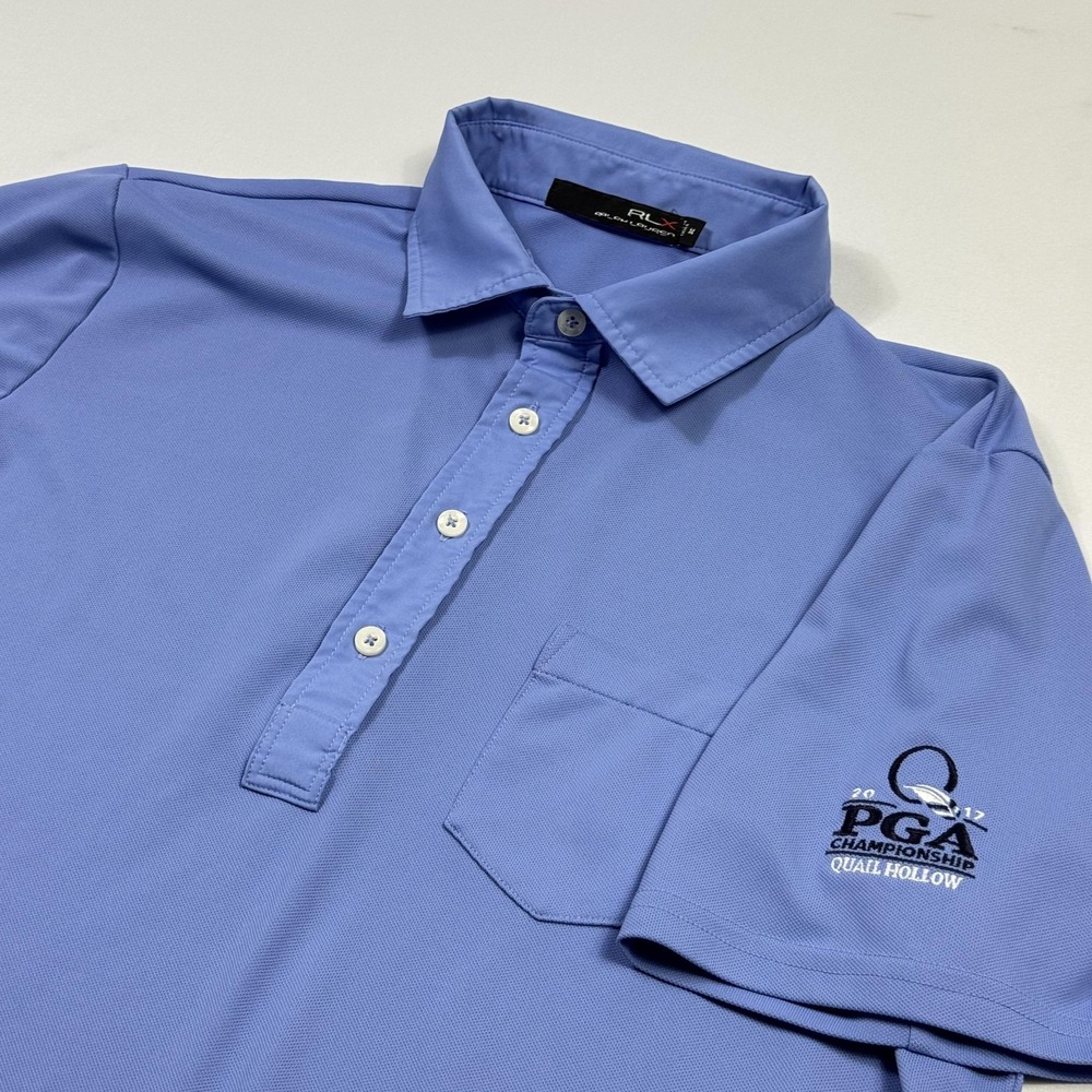 RLX Ralph Lauren Polo Shirt Mens Medium Blue Golf 2012 PGA Quail Hollow Pocket
